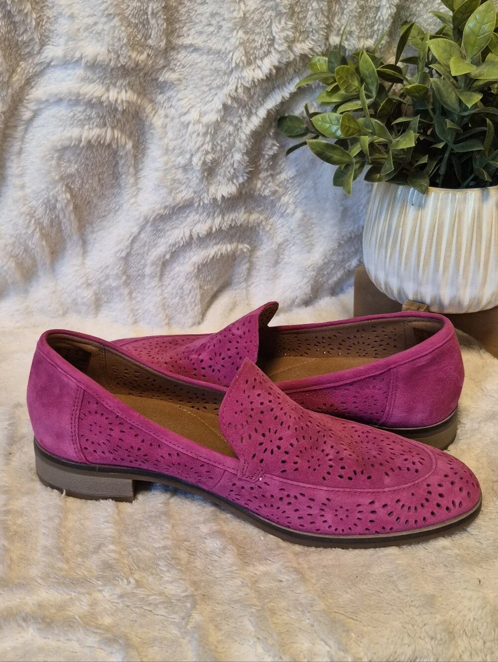Clarks Magenta Suede Laser-Cut Loafers
